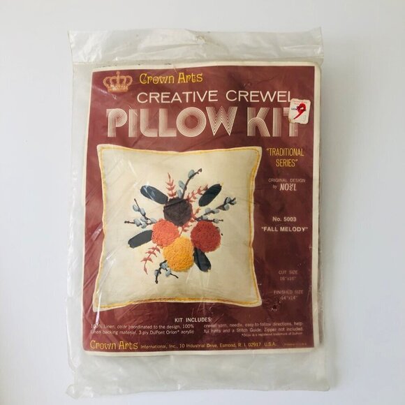 Vintage MCM Crown Arts Creative Crewel Pillow Kit 14x14 Fall Melody Floral New - Picture 2 of 3